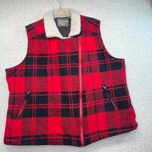 Natural Reflections Womens 2X Red Black Plaid Sherpa Collar Vest Full Zip